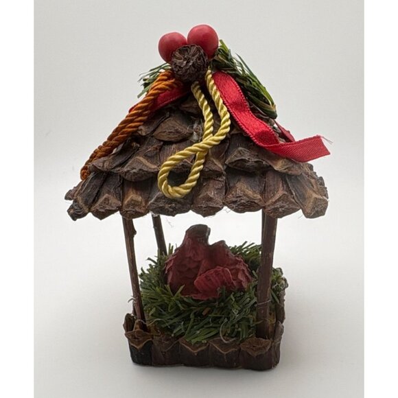 Rustic Birdhouse Christmas Tree Ornament with Cardinal Birds Pine Cone Roof - Picture 2 of 6